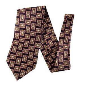 Vintage Valentino Italian Necktie Stained Glass Print Burgundy Gold & Black Tie